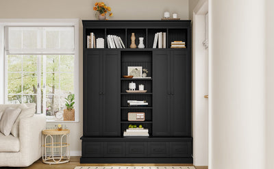 U-Can 78.7'H Hall Tree with Bench and 5 Storage Cubbies, Modern Entryway Storage Organizer Cabinet with 4 Doors, 5 Drawers and Adjustable Shelves for Hallway, Entryway, Living Room