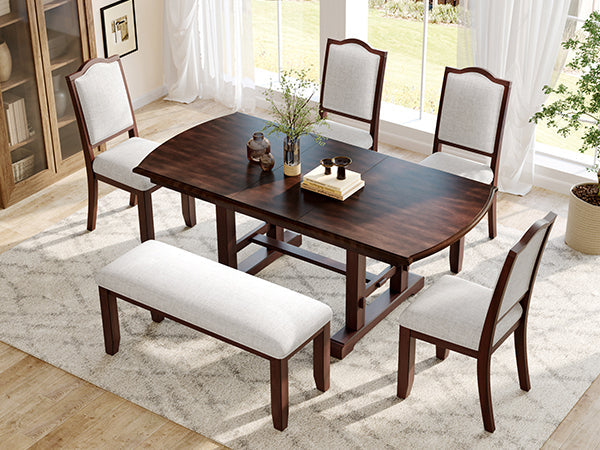 6-Piece Extendable Dining Table Set, 60–78 in. Wood Table with Removable Leaf, 4 Upholstered Chairs and Bench, Cherry Finish