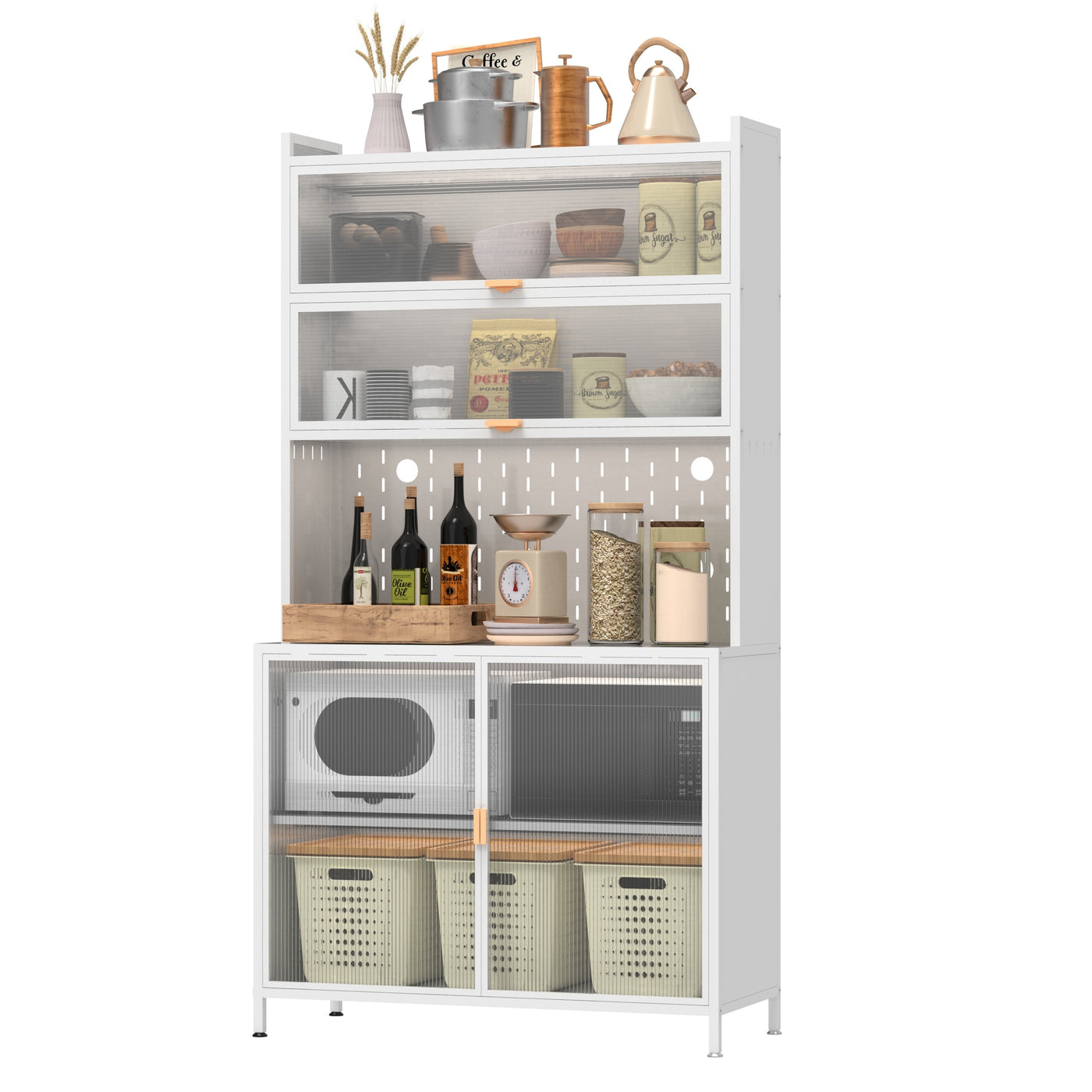 73'' Tall Kitchen Pantry Cabinet , 6 Level Flip Door with Pegboard Metal Pantry Storage Cabinet, Anti-Tip Design Hutch for Kitchen, Dining Room, Living Room (White)