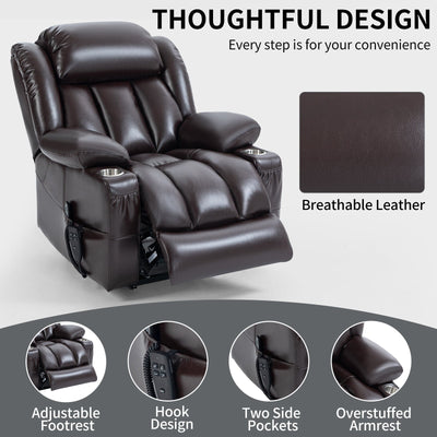 Dual Motor Infinite Position Up to 350 LBS Leatherair Power Lift Recliner Chair, Heavy Duty Motion Mechanism with 8-Point Vibration Massage and Lumbar Heating, Stainless steel Cup Holders, Brown