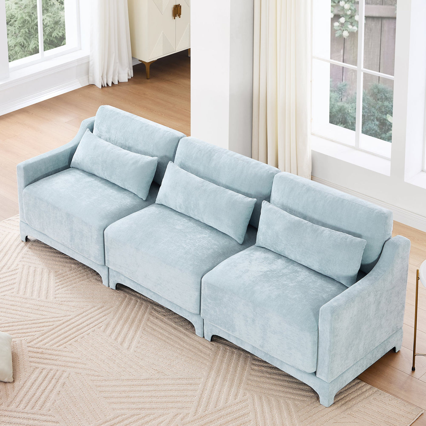 Elegant Sky Blue Three-Seater Sofa with Lumbar Pillow, Chenille Upholstery, Ergonomic Design, Wooden Base