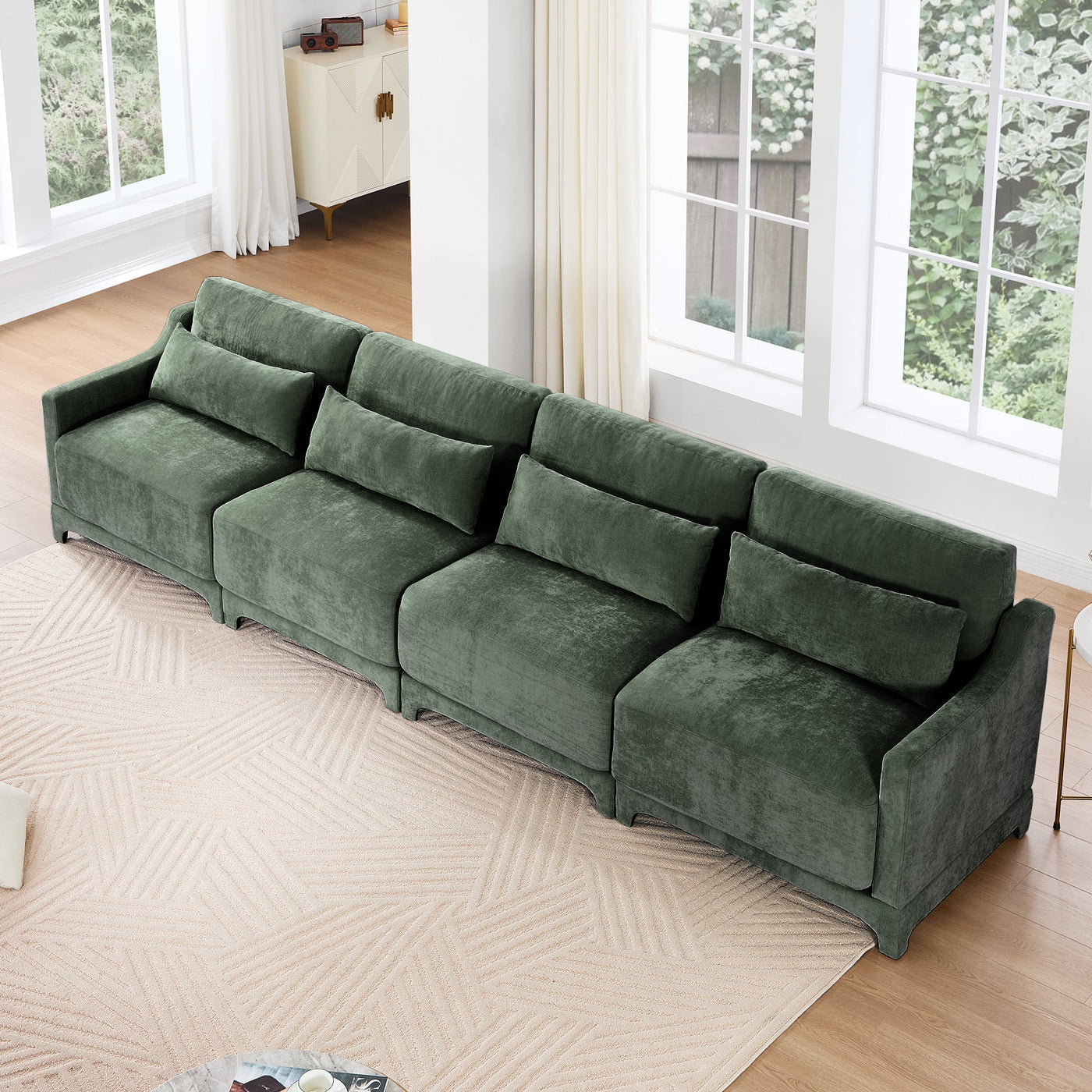 Ergonomic Green Chenille Four-Seater Sofa with Lumbar Pillow, Solid Wood Frame, High-Resilience Sponge