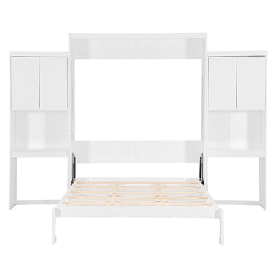 Queen Size Murphy Bed with Desk, Vanity and Cabinets, White