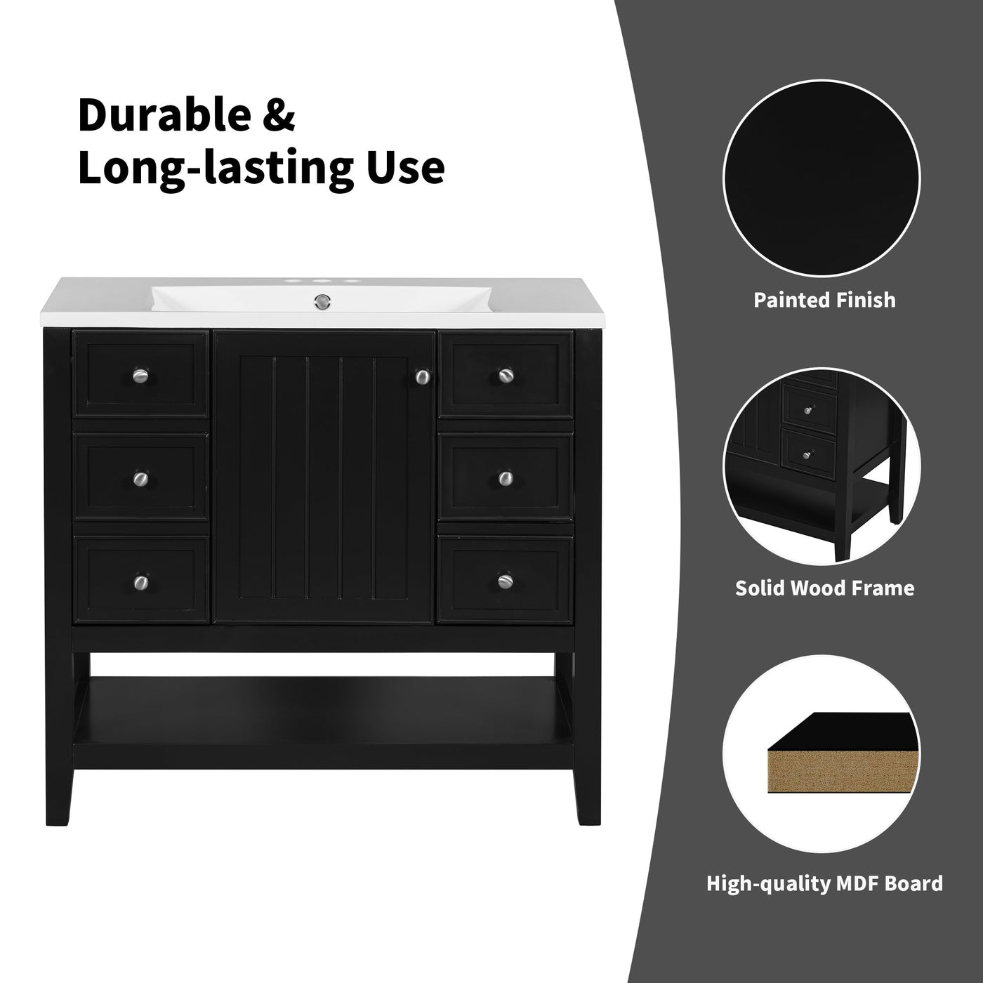 36' Bathroom Vanity with Sink Combo, One Cabinet and Three Drawers, Solid Wood and MDF Board, Black (Old Sku:SY999505AAB)