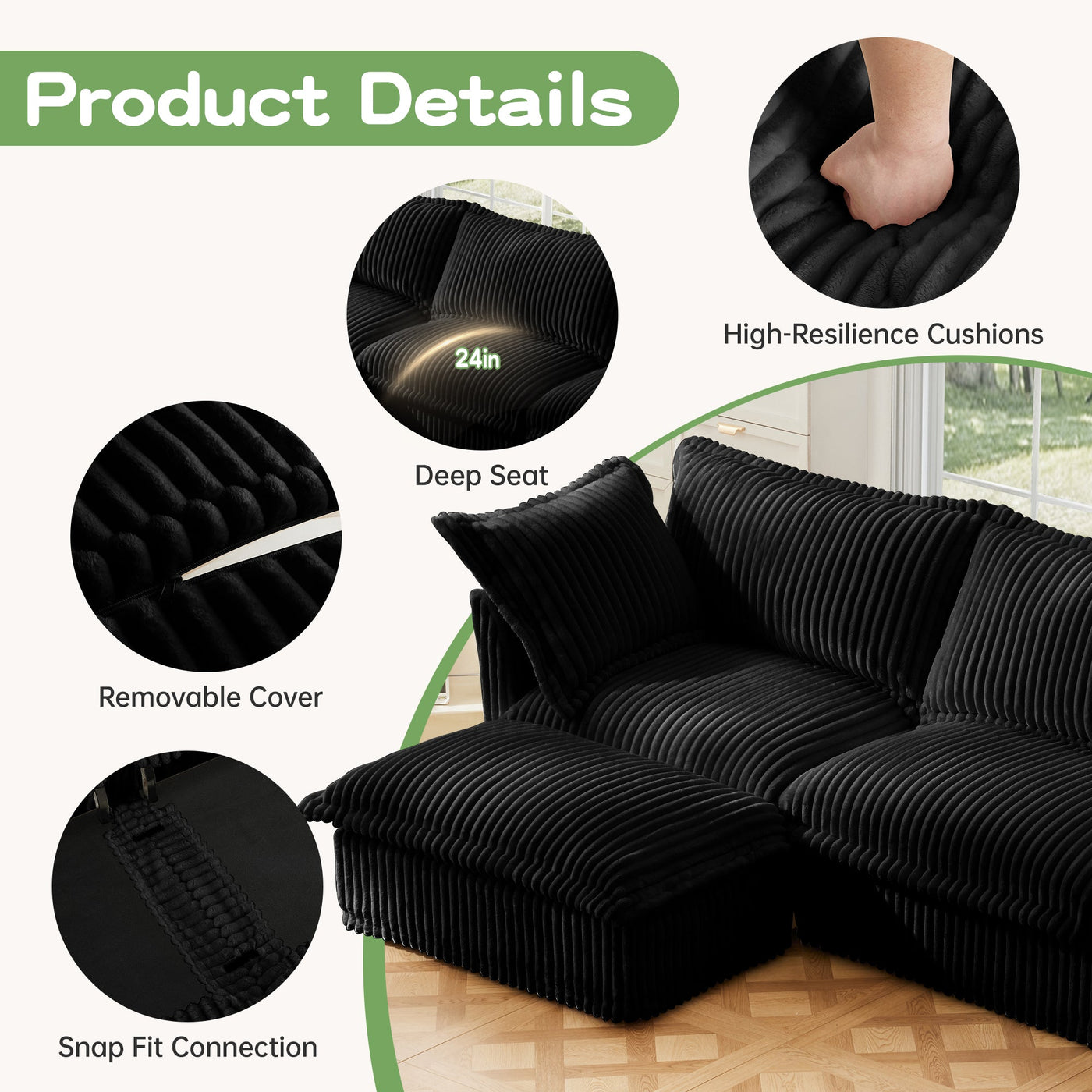 Slipcovered L Shape Sectional Long Sofa Couch, 4 Seater Sofa with Suppleness Armrests,Deep Seat Sofa with 2 Big Pillows, Comfy Couch for Living Room, Apartment, Black Corduroy Fabric