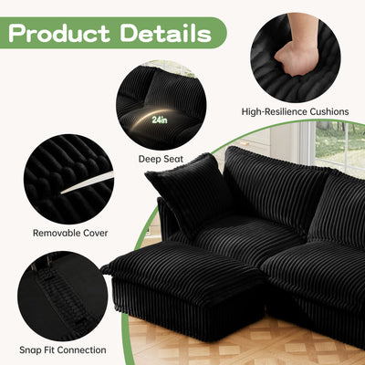 Slipcovered L Shape Sectional Long Sofa Couch, 4 Seater Sofa with Suppleness Armrests,Deep Seat Sofa with 2 Big Pillows, Comfy Couch for Living Room, Apartment, Black Corduroy Fabric