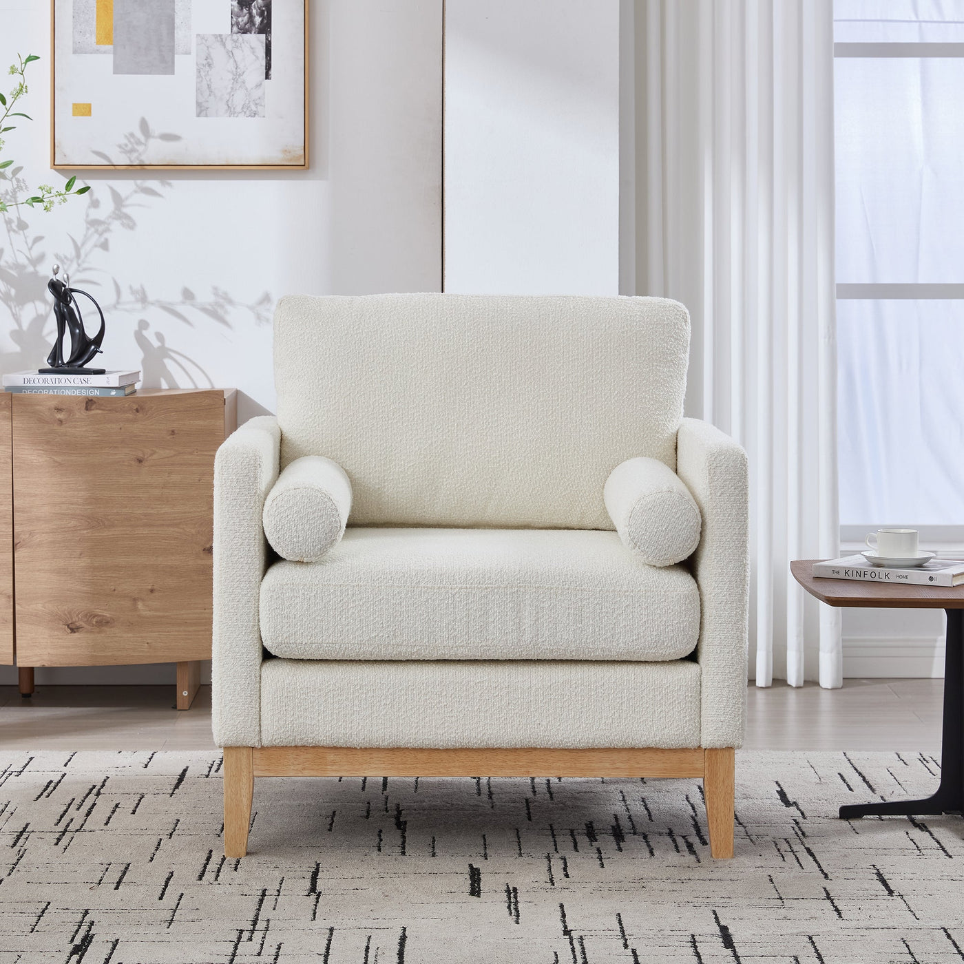 35.4' Wide Modern Farmhouse Performance Accent Chair with Natural Wood Legs, Wood Base Reading Armchair Single Sofa with Two Bolster Pillows for Living Room Offices and Lounge, Ivory Boucle.
