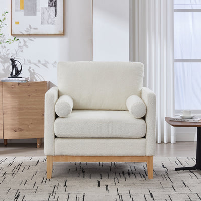 35.4' Wide Modern Farmhouse Performance Accent Chair with Natural Wood Legs, Wood Base Reading Armchair Single Sofa with Two Bolster Pillows for Living Room Offices and Lounge, Ivory Boucle.