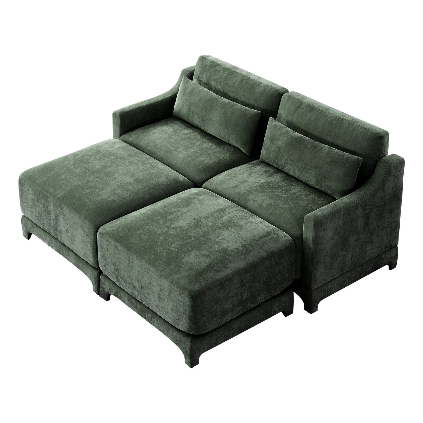 Stylish Two-Seater Sofa with Ottoman and Lumbar Pillows, Green Chenille Fabric, Ergonomic Design