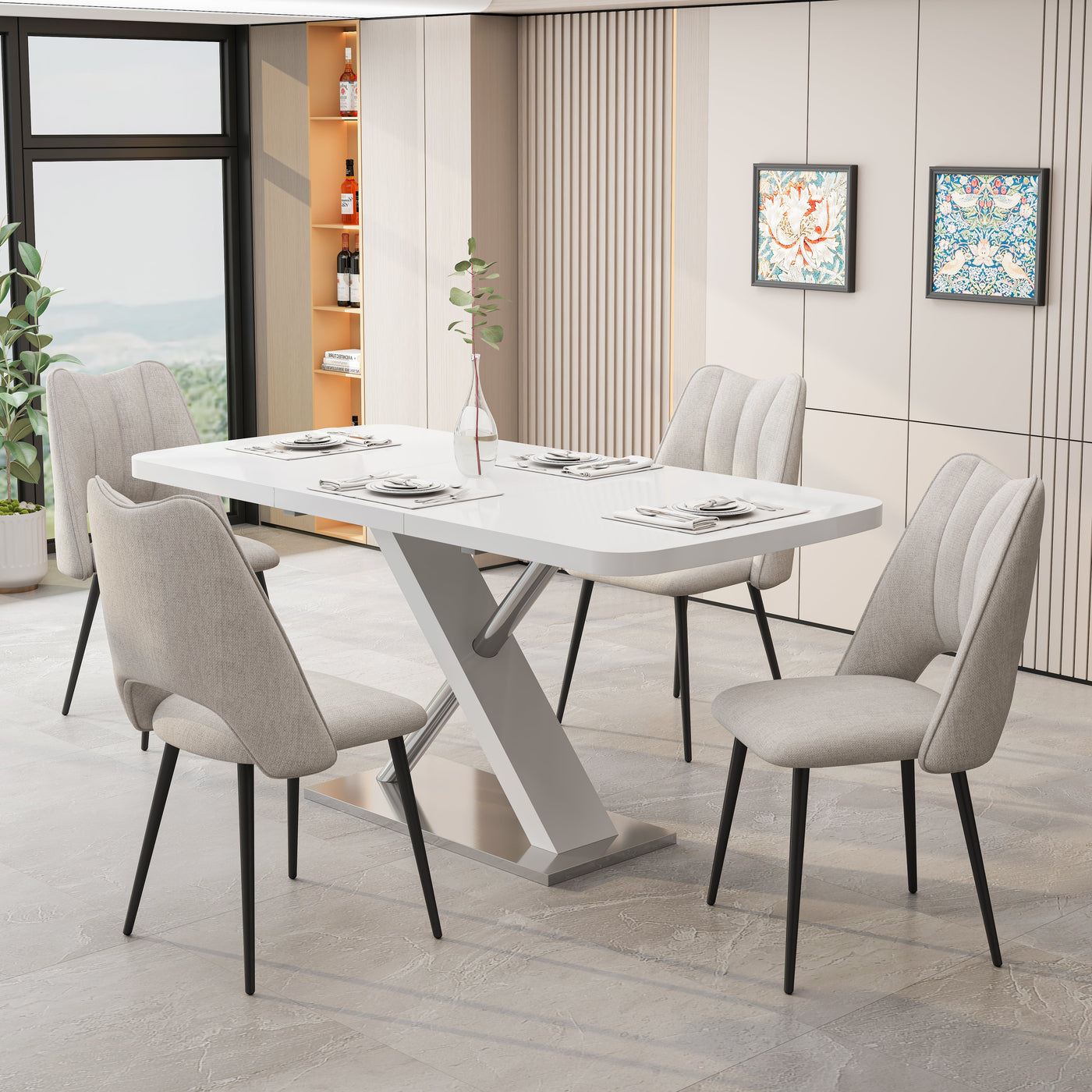 5-Piece Dining Table and Chair Set, Including 4 Beige Chairs and a Retractable Dining Table in White, Suitable For 4 to 6 People's Dining Tables, Suitable for Kitchens and Living Rooms