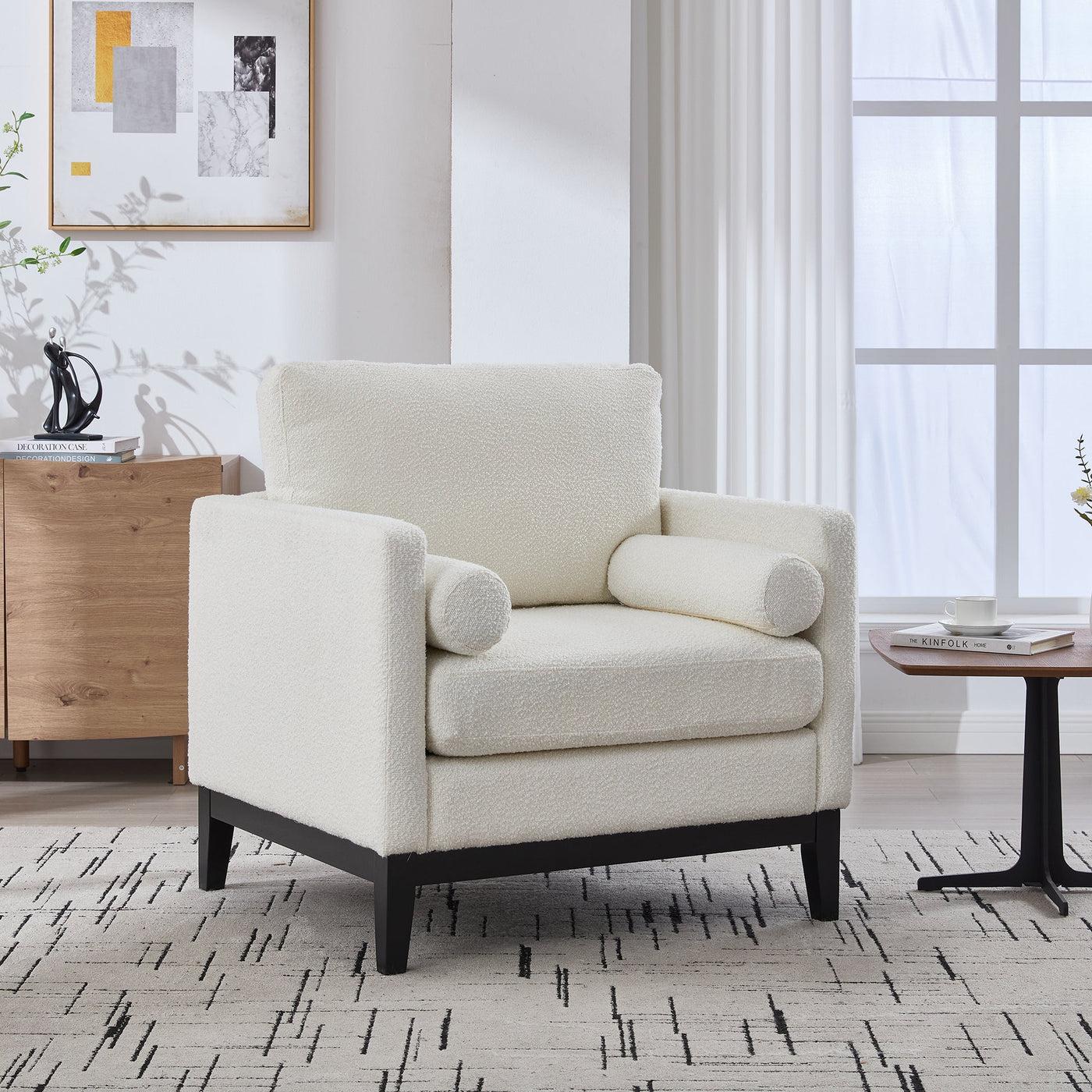35.4' Wide Modern Farmhouse Performance Accent Chair with Black Finish Legs, Wood Base Reading Armchair Single Sofa with Two Bolster Pillows for Living Room Offices and Lounge, Ivory Boucle.
