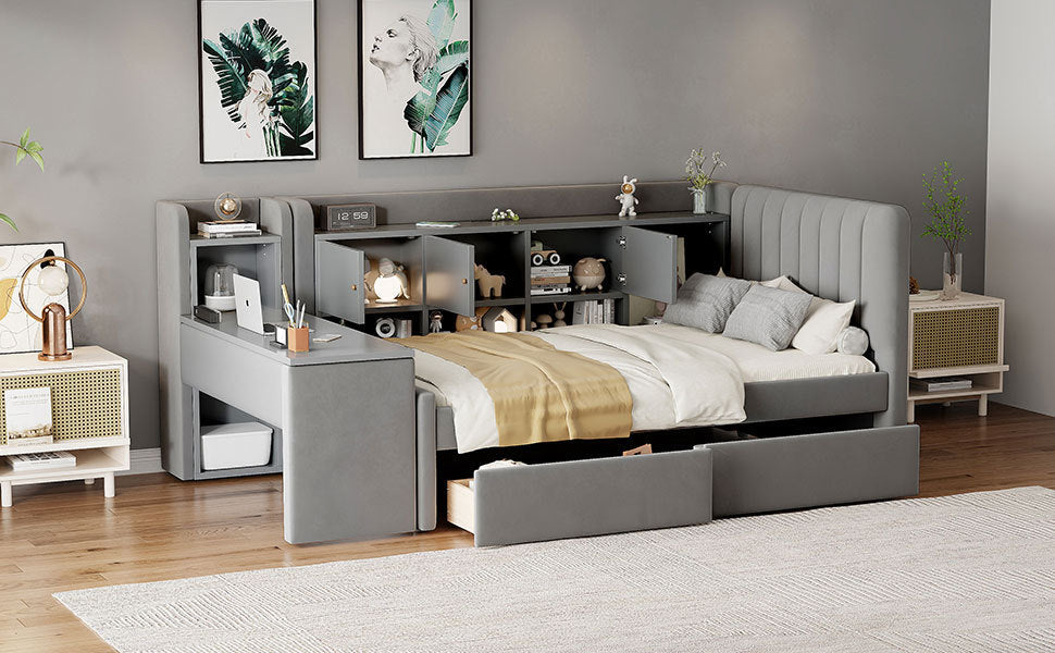Twin Size Upholstered Daybed with Drawers, Shelves, Flip Cabinets & Side Table (Gray)