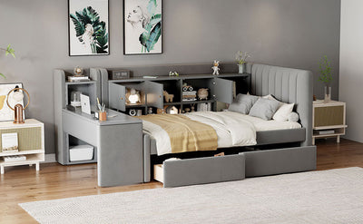 Twin Size Upholstered Daybed with Drawers, Shelves, Flip Cabinets & Side Table (Gray)