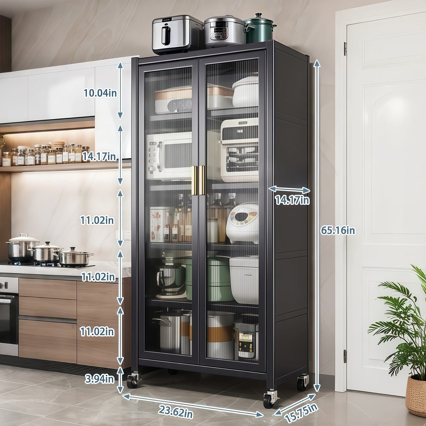 65' Kitchen Pantry Storage Cabinet, 6 Tier Metal Display Storage Cabinet with Transparent Door, Adjustable Shelves & Wheels, Food Pantries Cabinets, for Kitchen, Living Room and Dining Room, Gray