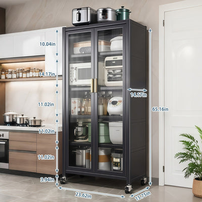 65' Kitchen Pantry Storage Cabinet, 6 Tier Metal Display Storage Cabinet with Transparent Door, Adjustable Shelves & Wheels, Food Pantries Cabinets, for Kitchen, Living Room and Dining Room, Gray