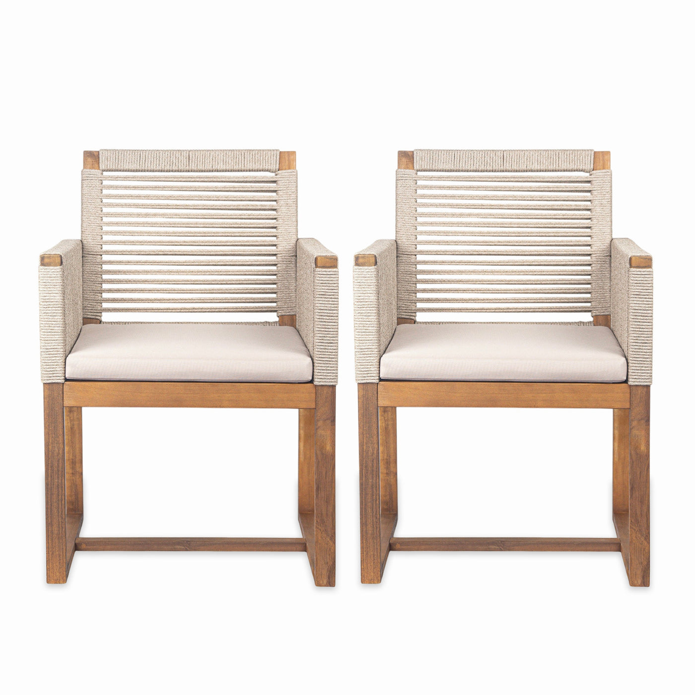 Acacia Wood Outdoor Dining Chairs Set of 2 with Rope Design Back and Arms, Washable Cushion, Light Brown