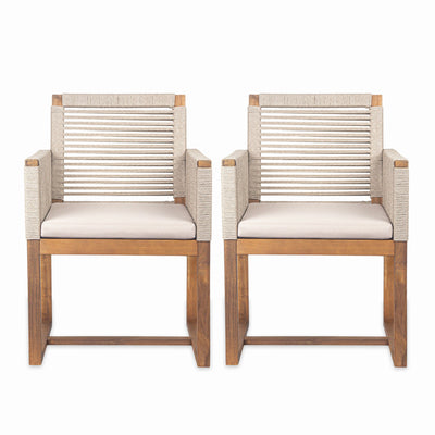 Acacia Wood Outdoor Dining Chairs Set of 2 with Rope Design Back and Arms, Washable Cushion, Light Brown