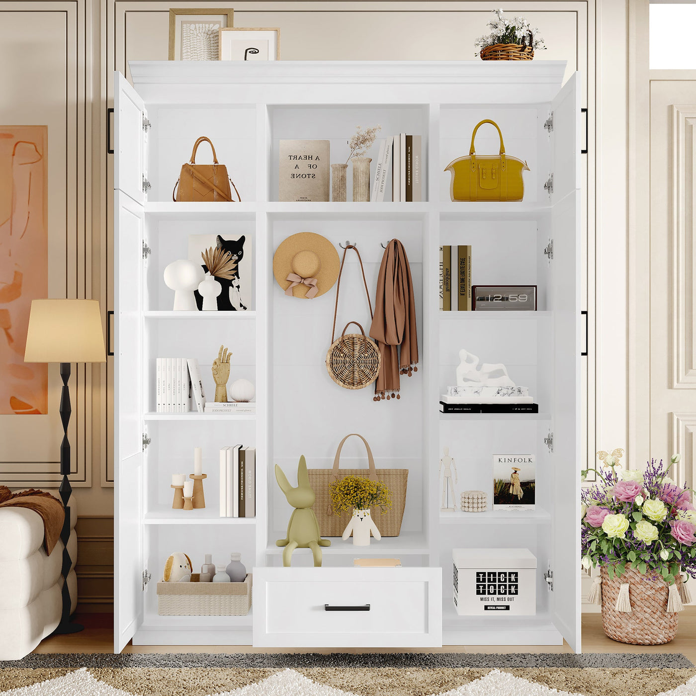 U-Can 85.2''H Hall Tree with Bench and 3 Hooks, Modern Entryway Storage Organizer Cabinet with 4 Doors, 1 Drawer and Adjustable Shelves for Hallway, Entryway, Living Room