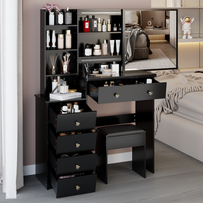 37' Middle Size Left Bedside Cabinet Vanity Table + Cushioned Stool, Extra Large Right sliding mirror, Multi Layer High Capacity Storage, Practical Fashionable Dresser, Suitable For Middle Space
