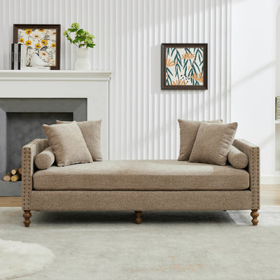 Upholstered Chaise Lounge Indoor with Nailheads, Sleeper Sofa Couch with 4 Throw Pillows & 2 Bolsters, Daybed with Rubberwood Legs, Taupe Chenille,75.2'' Wide