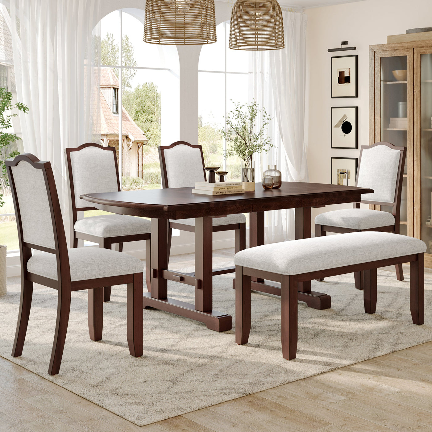 6-Piece Extendable Dining Table Set, 60–78 in. Wood Table with Removable Leaf, 4 Upholstered Chairs and Bench, Cherry Finish