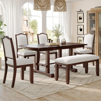 6-Piece Extendable Dining Table Set, 60–78 in. Wood Table with Removable Leaf, 4 Upholstered Chairs and Bench, Cherry Finish