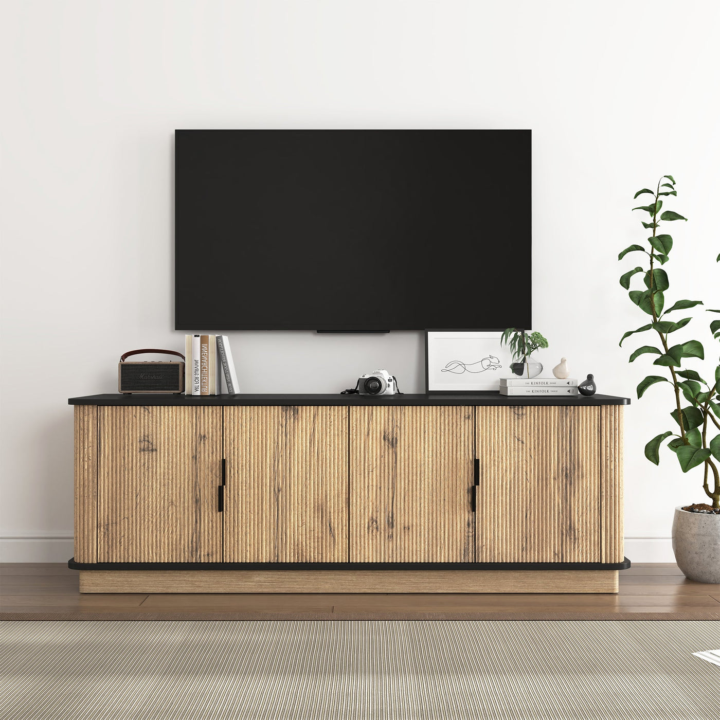 Natural Wood Grain Four-Door MDF TV Cabinet, An Ideal Choice for TV And Item Storage in Modern Homes, A Perfect Blend of Nordic And Modern Minimalist Styles, With Dimensions of 55*15.7*18.9 inches