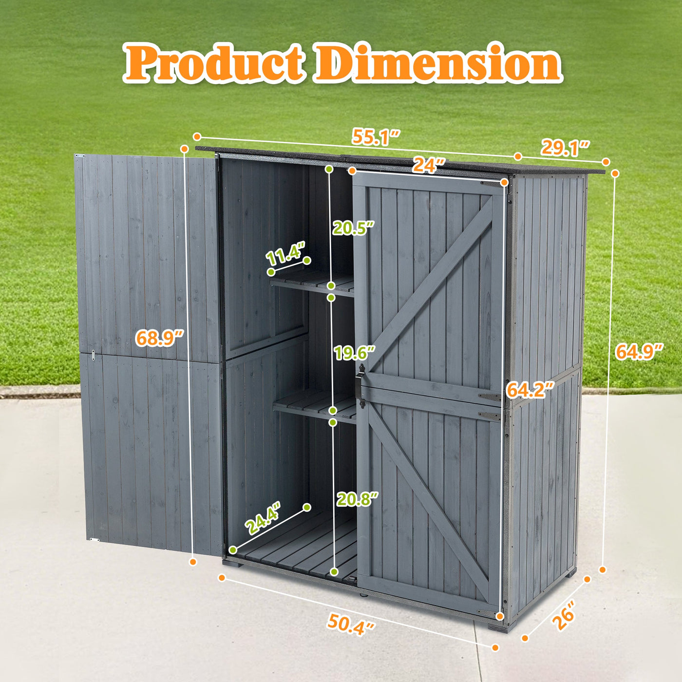 Outdoor Storage Cabinet 55.1'L X 29.1'W X 68.9'H, Garden Shed Tool Shed with Metal Frame Structure for Backyard Garden Patio Lawn (Blue Gray)