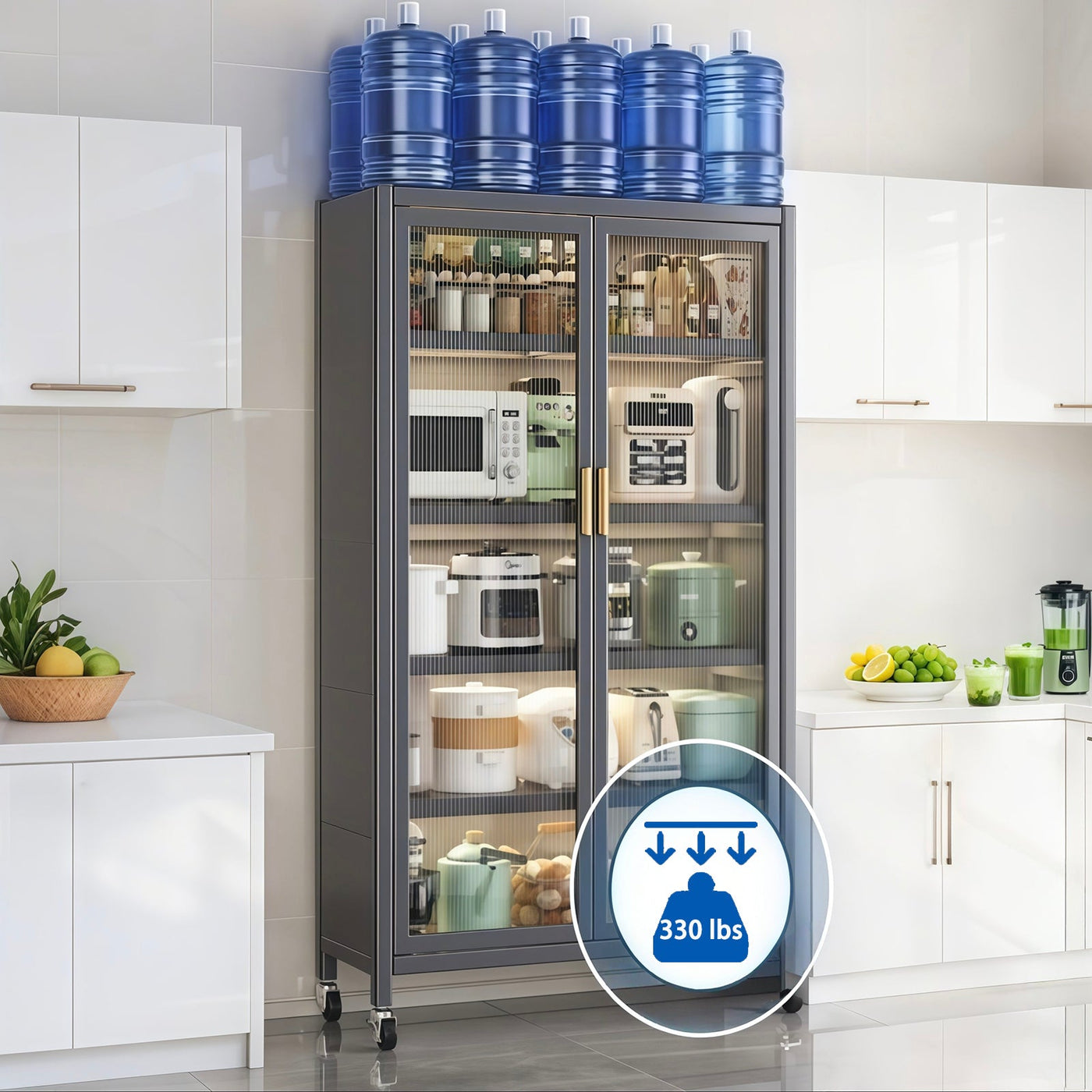 65' Kitchen Pantry Storage Cabinet, 6 Tier Metal Display Storage Cabinet with Transparent Door, Adjustable Shelves & Wheels, Food Pantries Cabinets, for Kitchen, Living Room and Dining Room, Gray