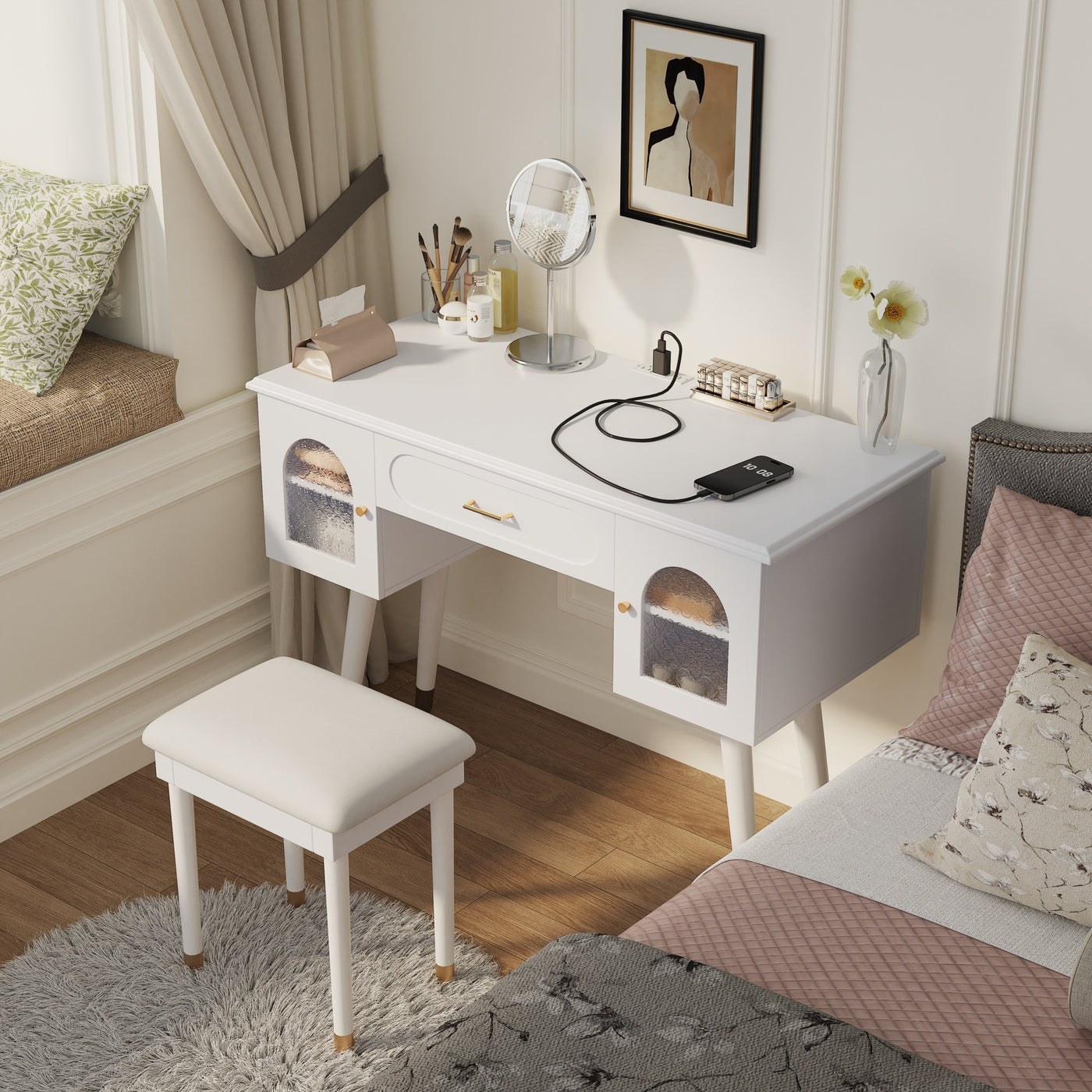 Elegant Vanity Makeup Table & Chair Set, Modern Dressing Table with Organizer, Writing Desk, Charging Port, White, Engineered Wood