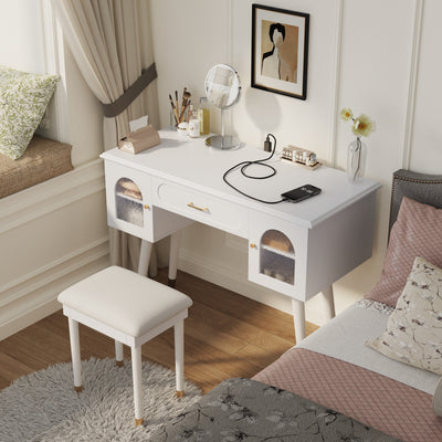 Elegant Vanity Makeup Table & Chair Set, Modern Dressing Table with Organizer, Writing Desk, Charging Port, White, Engineered Wood