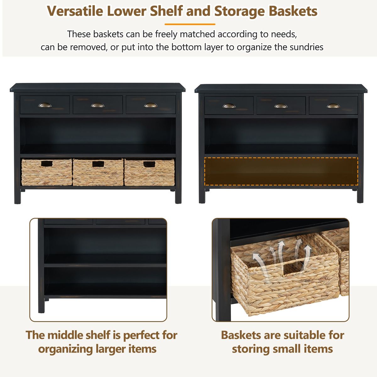 TREXM Retro Console Table with 3 Storage Drawers, Entryway Table with 3 Water Hyacinth Woven Baskets,Wooden Accent Sofa Table Buffet Cabinet for Entryway, Hallway and Living Room (Espresso)