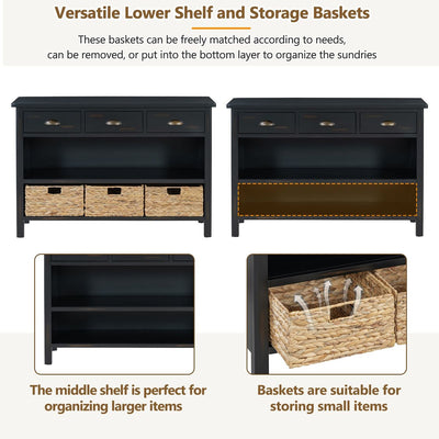TREXM Retro Console Table with 3 Storage Drawers, Entryway Table with 3 Water Hyacinth Woven Baskets,Wooden Accent Sofa Table Buffet Cabinet for Entryway, Hallway and Living Room (Espresso)