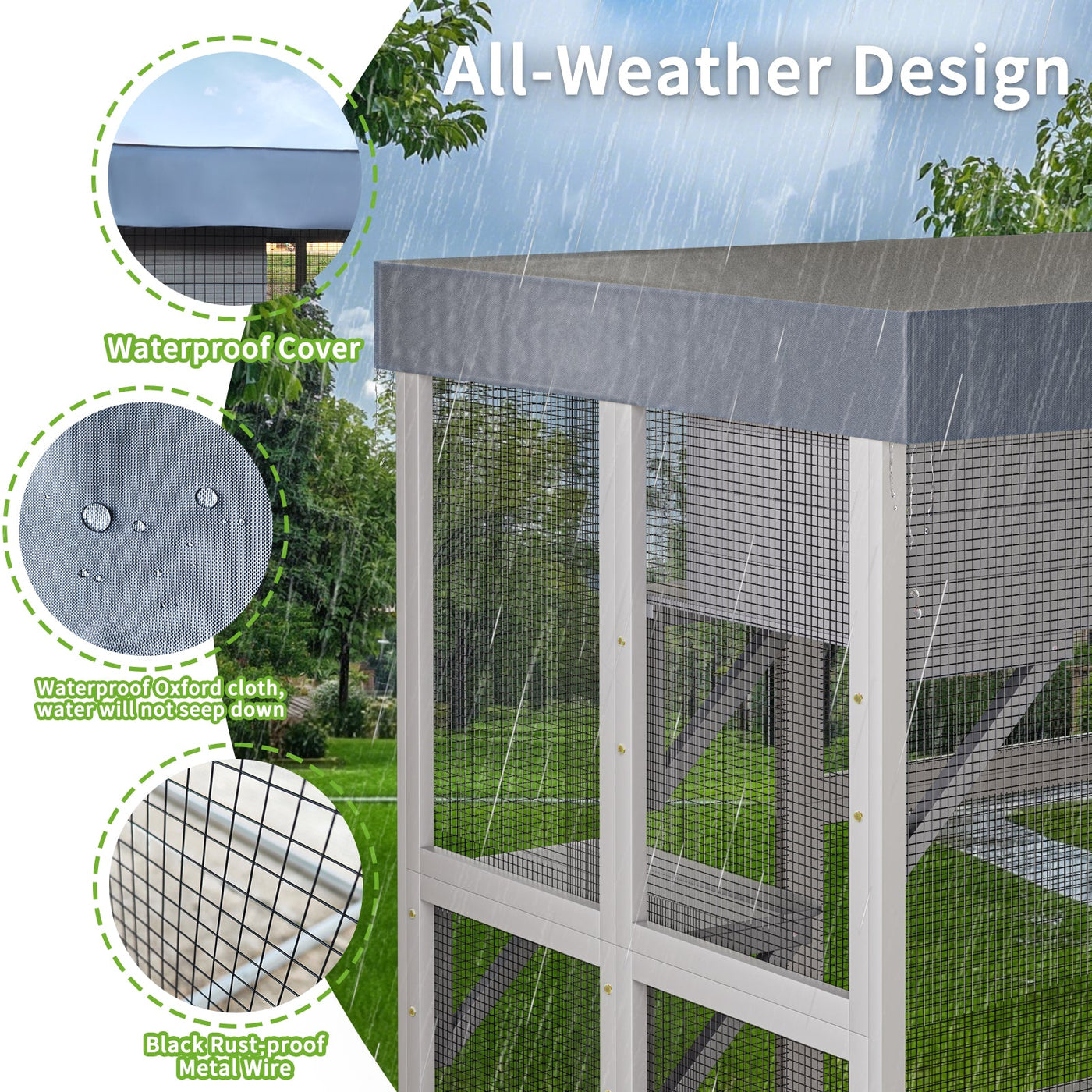 70.5＂ Tall Wooden Catio Outdoor Cat Enclosure, Gray Cat House Large Solid Wood Cage Playpen with 6 Jumping Platforms & 2 Napping Houses, Movable tarp cover