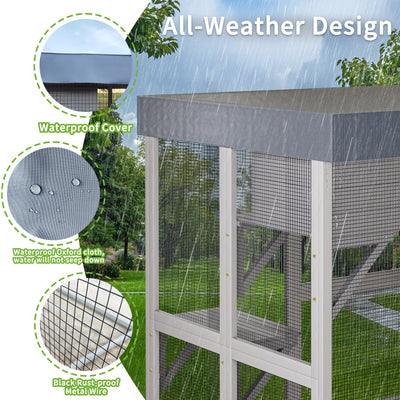 70.5＂ Tall Wooden Catio Outdoor Cat Enclosure, Gray Cat House Large Solid Wood Cage Playpen with 6 Jumping Platforms & 2 Napping Houses, Movable tarp cover
