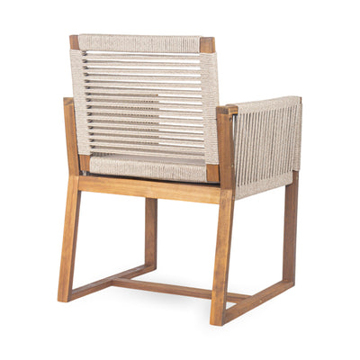 Acacia Wood Outdoor Dining Chairs Set of 2 with Rope Design Back and Arms, Washable Cushion, Light Brown