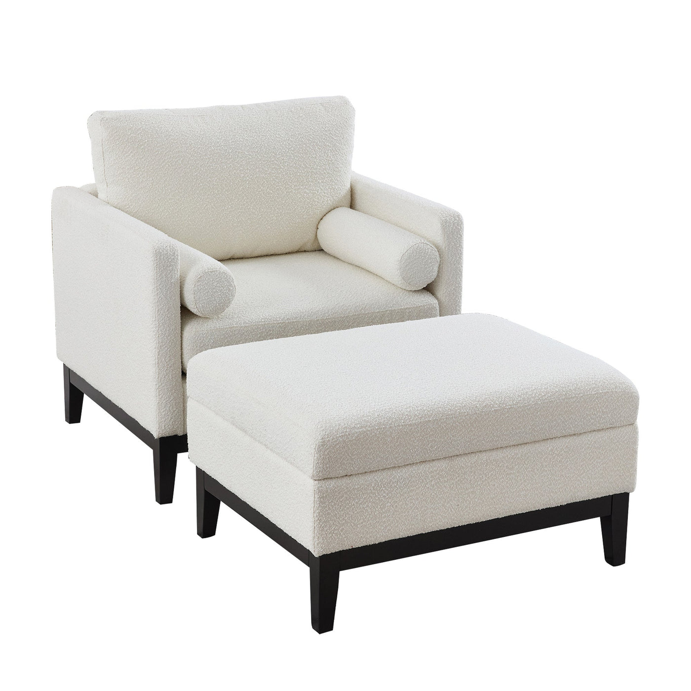 Farmhouse 35.4 in. Upholstered Accent Chair with Ottoman, Ivory Boucle and Black Wood Base, Reversible Lid Coffee Table for Living Room or Office