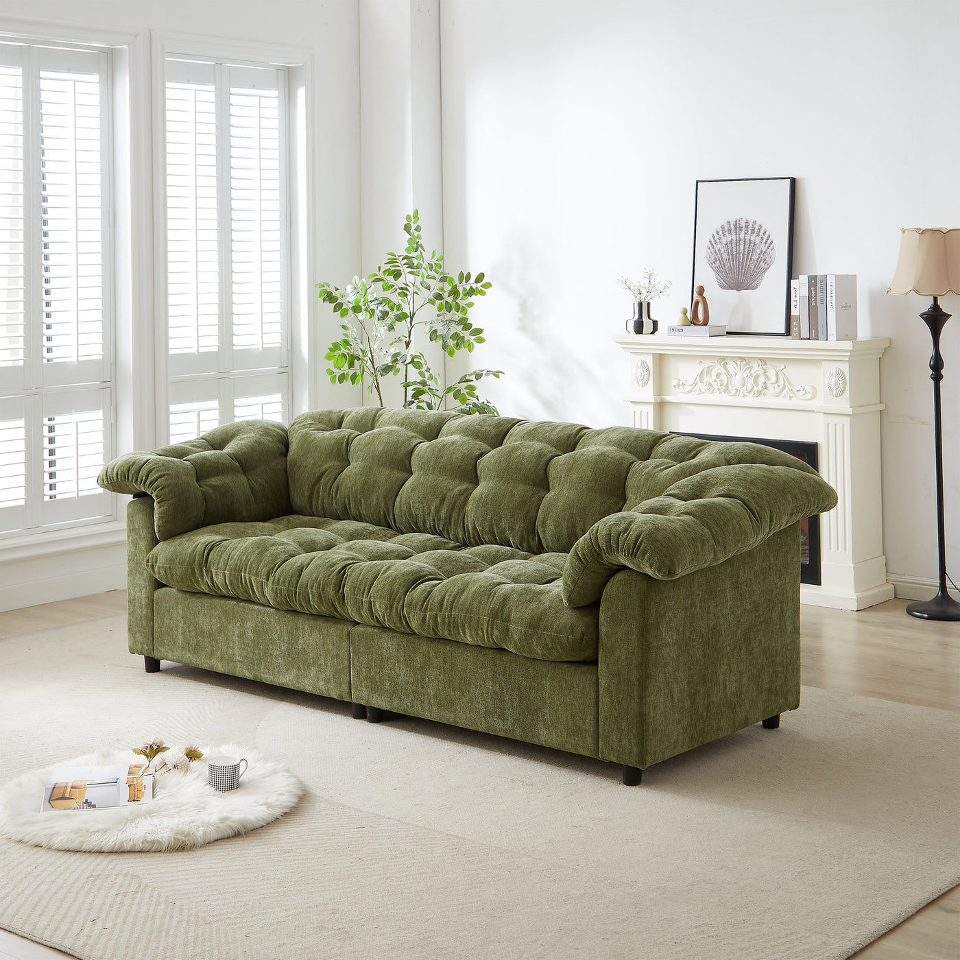 99.2' Chenille Modern Comfort Deep Seat Sofa, Upholstered Fluffy Cloud Sofa Suitable for living rooms, bedrooms, offices and apartments, Green
