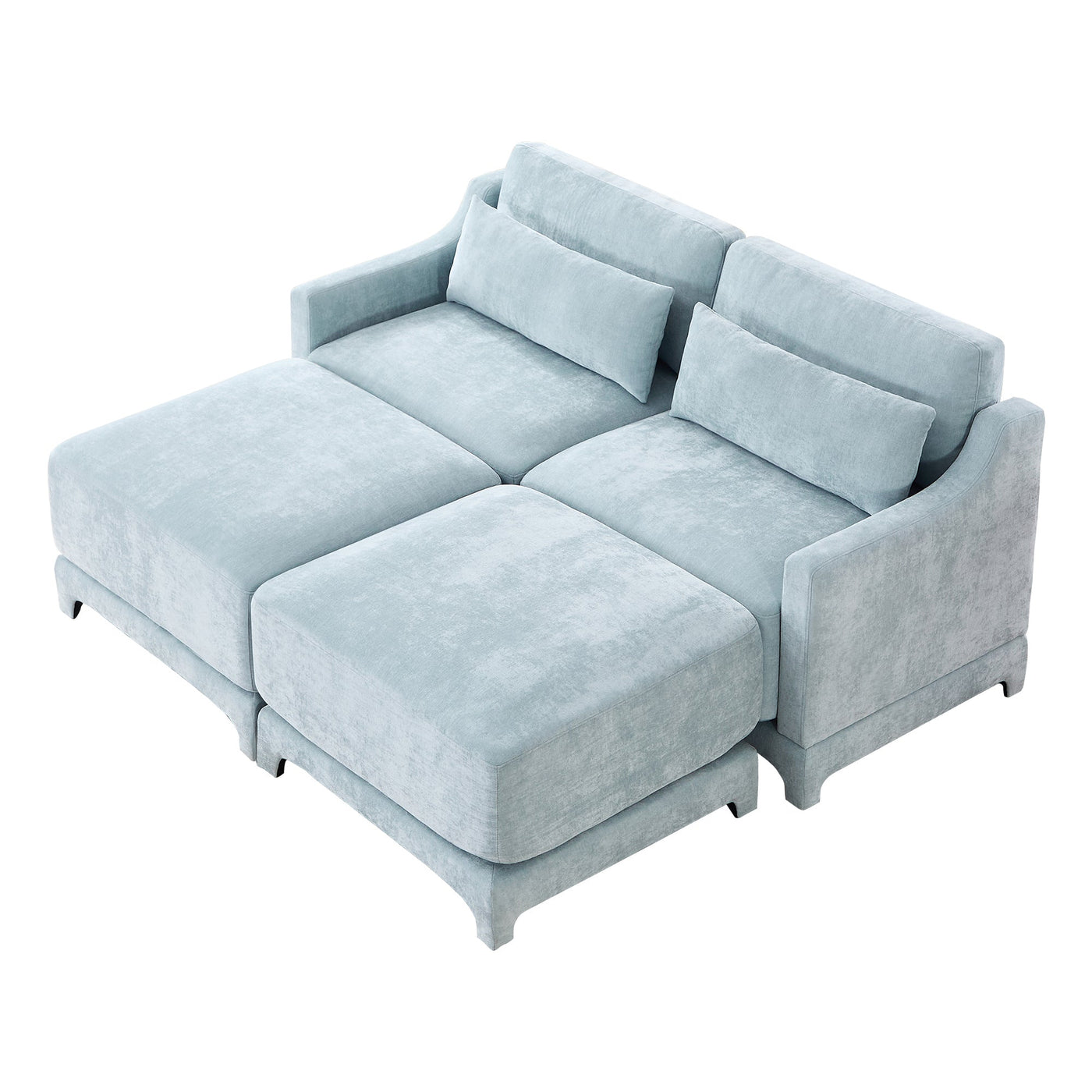 Elegant Two-Seater Sofa with Ottoman and Lumbar Pillows, Sky Blue Chenille, High-Quality Wood