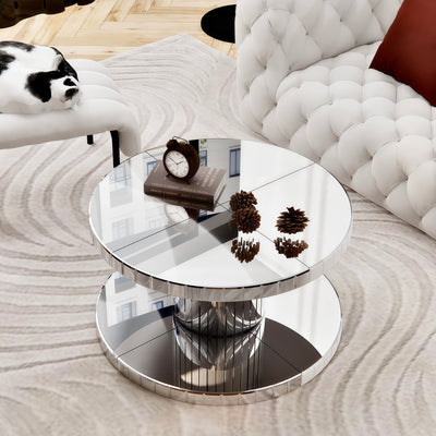 Luxury Double-Tier Round Mirror Coffee & End Table with Fluted Glass - Modern Sofa Side Table, Silver, MDF+Glass, 31.5' Diameter