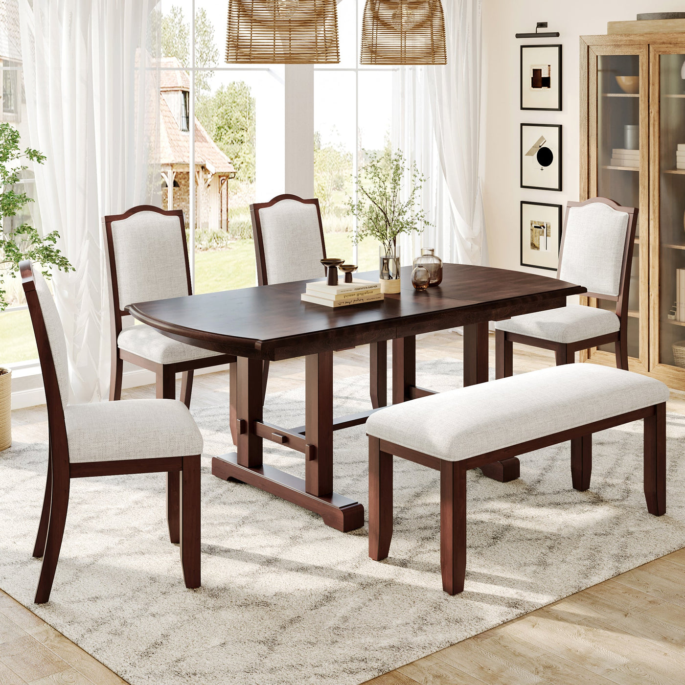 6-Piece Extendable Dining Table Set, 60–78 in. Wood Table with Removable Leaf, 4 Upholstered Chairs and Bench, Cherry Finish
