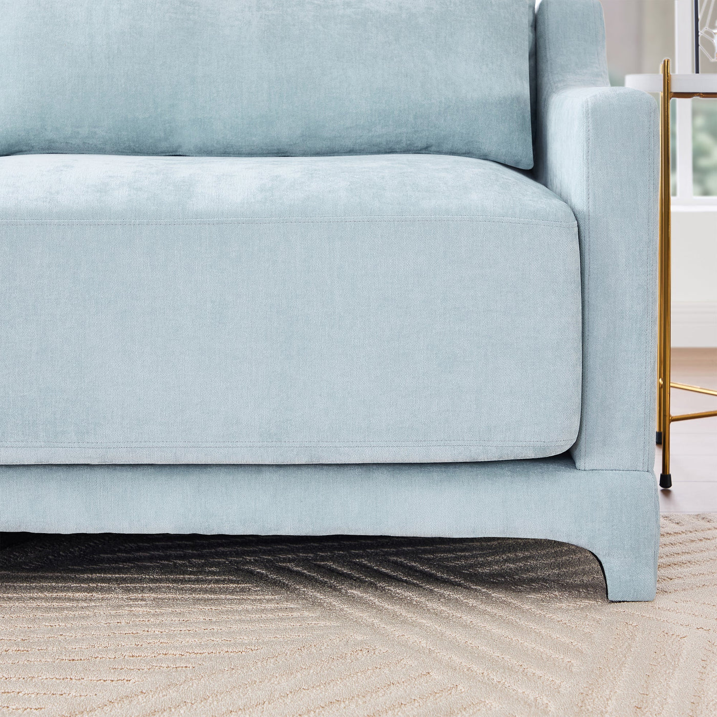 Elegant Sky Blue Three-Seater Sofa with Lumbar Pillow, Chenille Upholstery, Ergonomic Design, Wooden Base