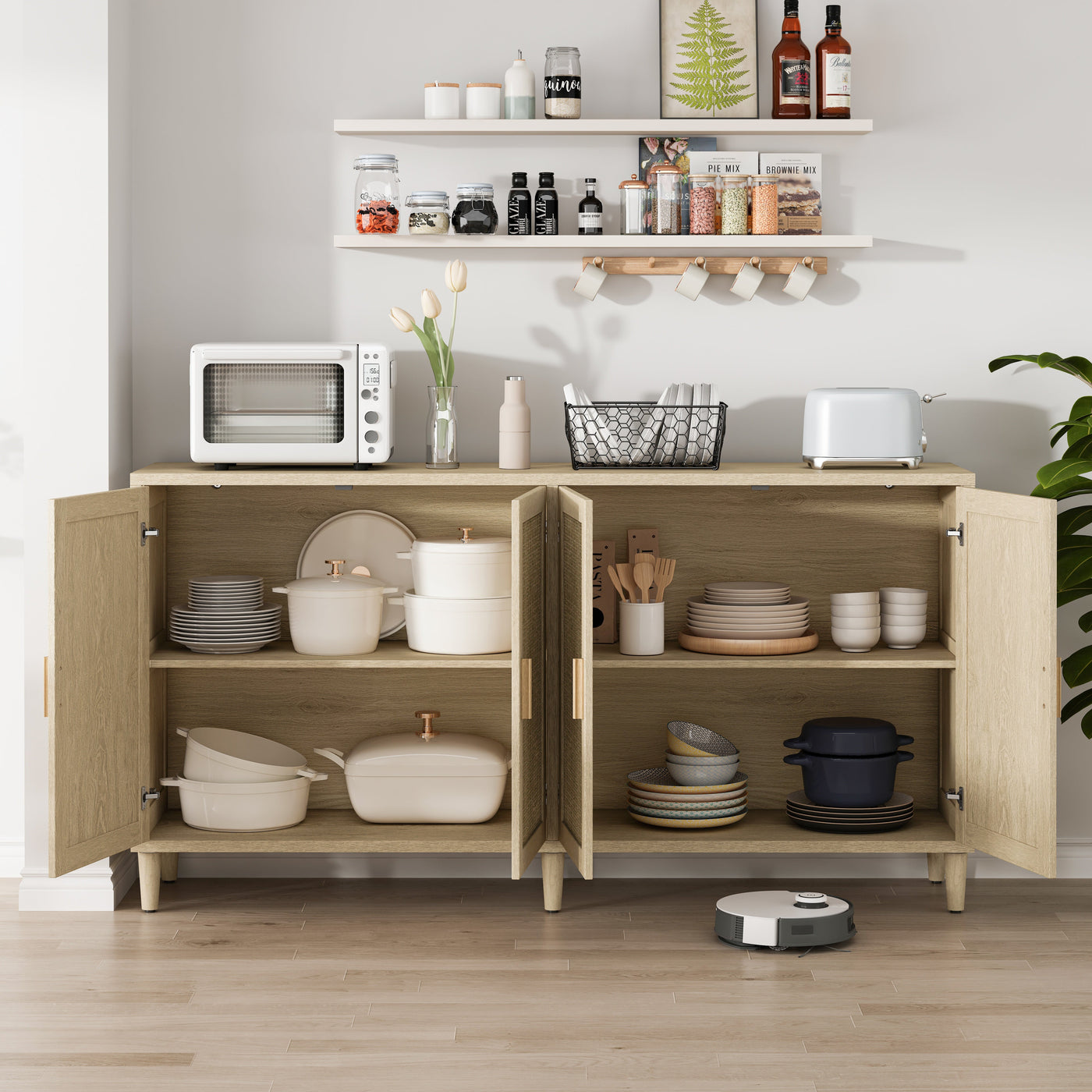 Natural Rattan Buffet Cabinet with Storage, 4-Door Sideboard, Adjustable Shelves, 70-Inch