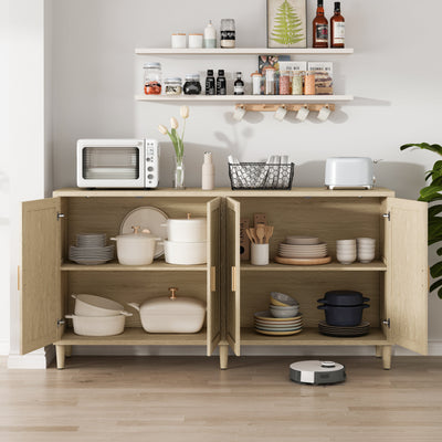 Natural Rattan Buffet Cabinet with Storage, 4-Door Sideboard, Adjustable Shelves, 70-Inch