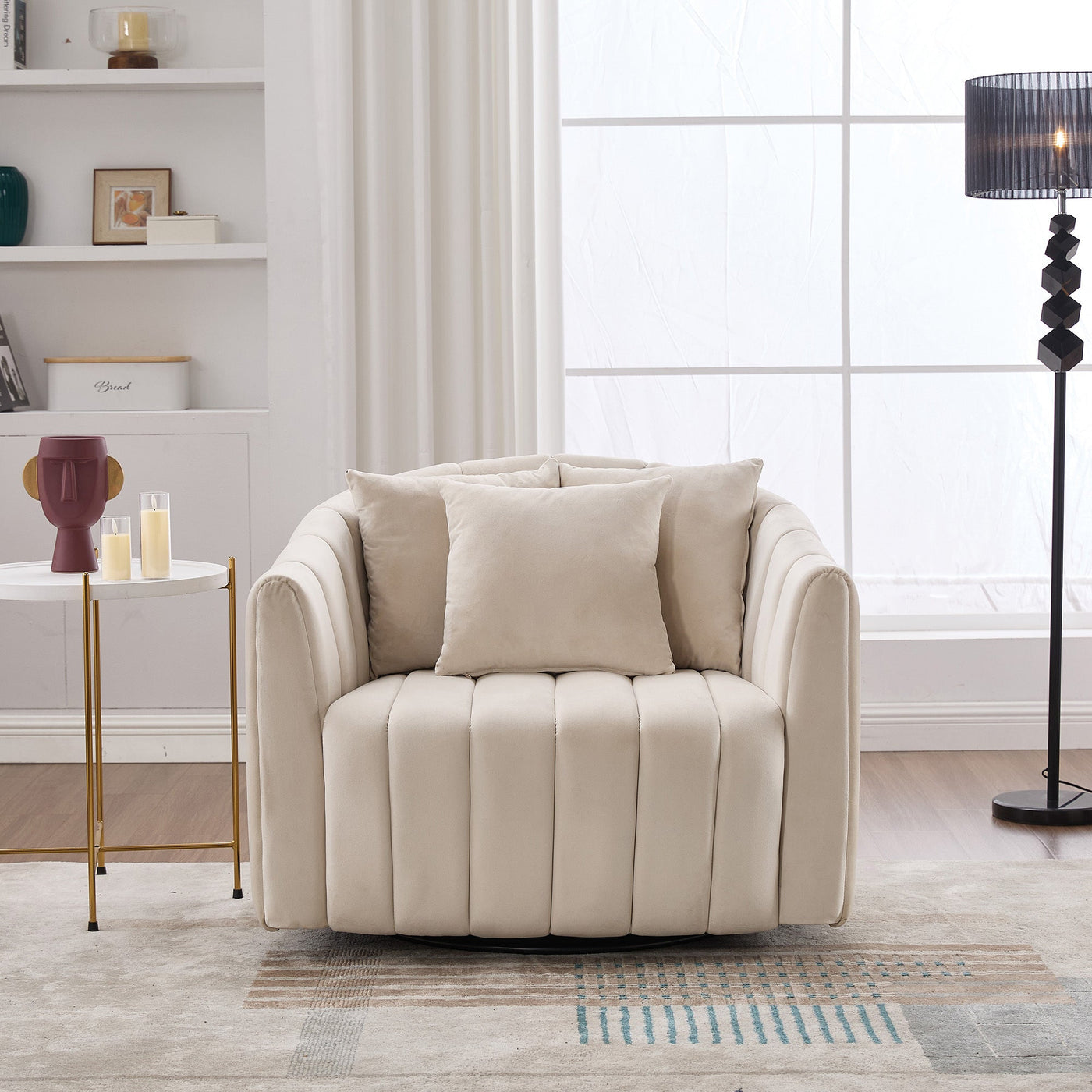40.35'W Upholstered Oversized 360° Swivel Accent Barrel Chair and Half Cozy Sofa with 3 Pillows, Velvet Channel Tufted Pumpkin-Shape Club Armchair for Living Room, Bedroom, Office, Lounge, Beige