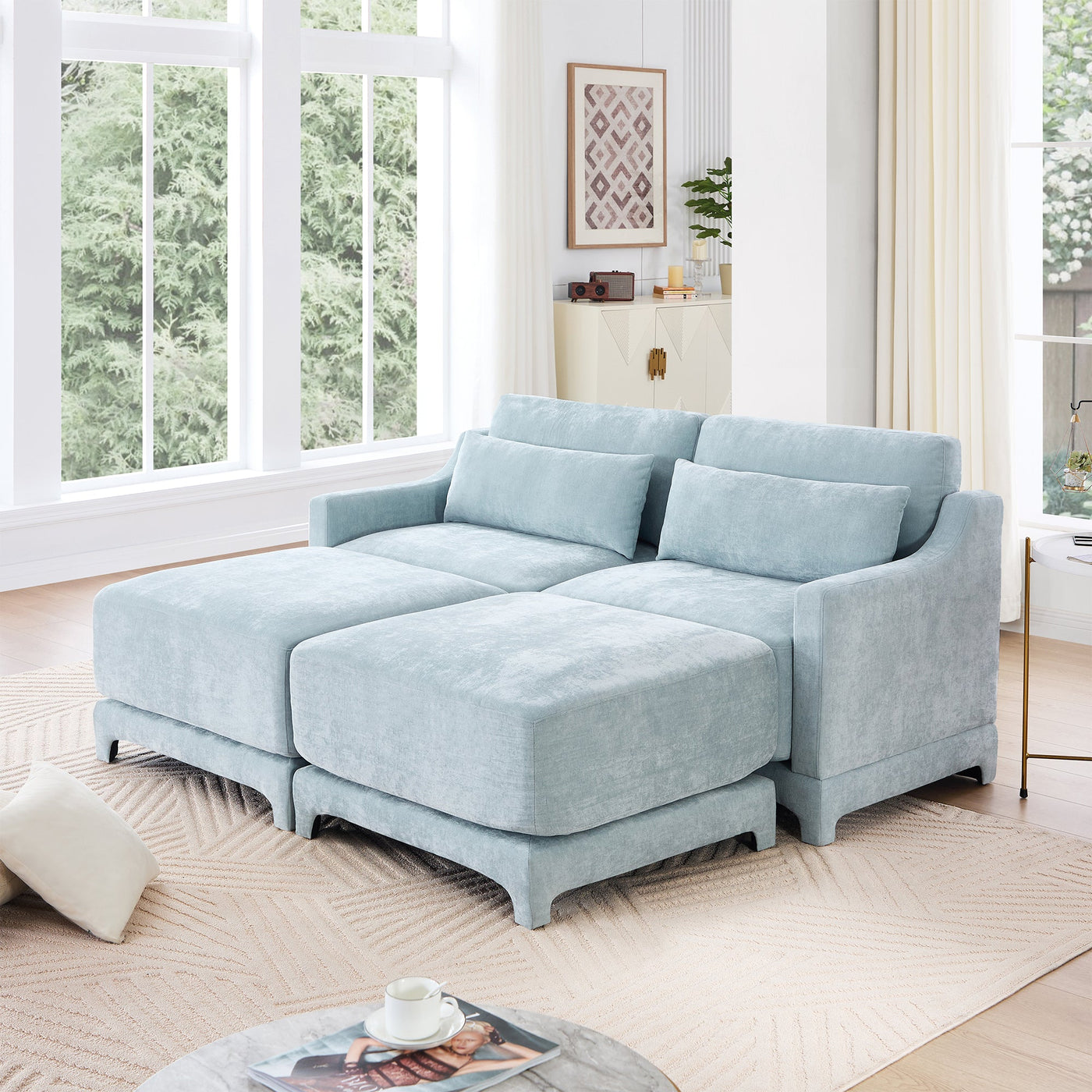Elegant Two-Seater Sofa with Ottoman and Lumbar Pillows, Sky Blue Chenille, High-Quality Wood