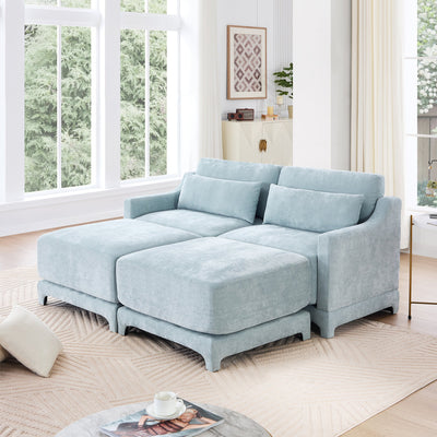 Elegant Two-Seater Sofa with Ottoman and Lumbar Pillows, Sky Blue Chenille, High-Quality Wood