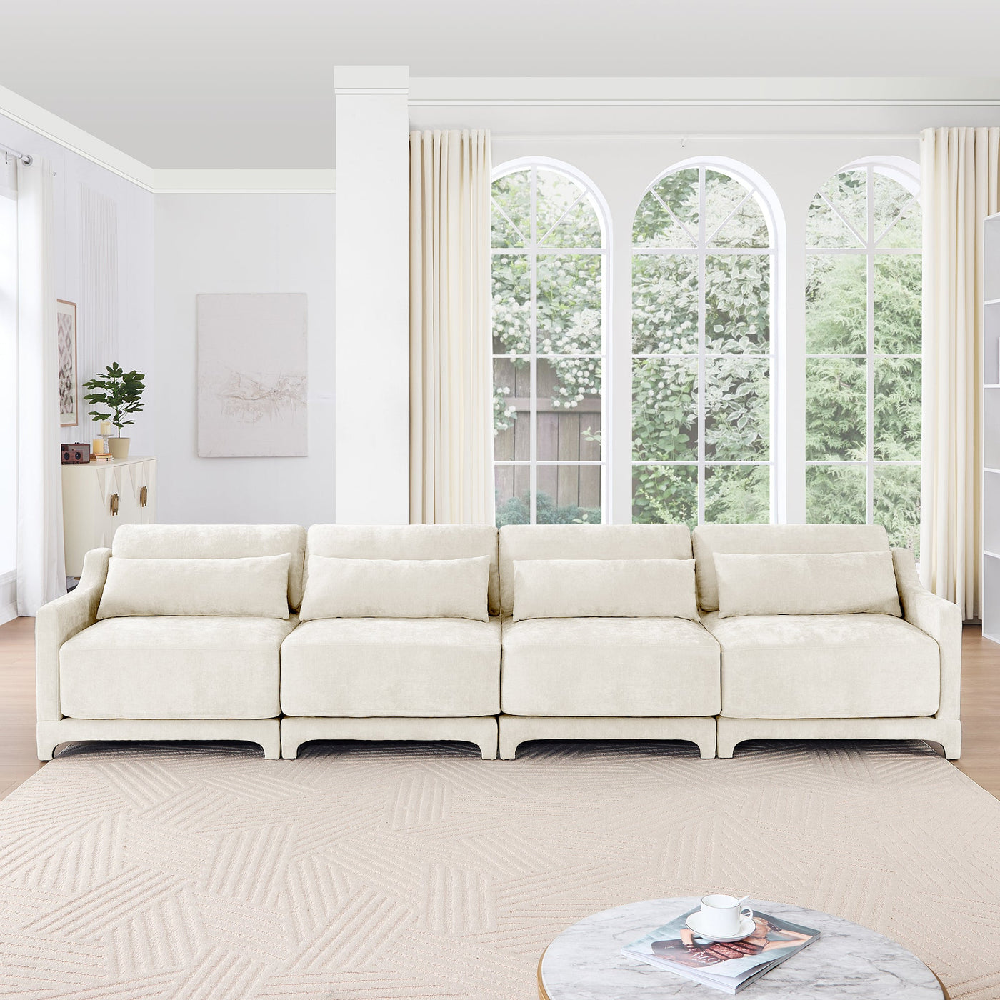 Elegant Four-Seater Chenille Sofa with Lumbar Pillow, Ergonomic Design, Solid Wood Frame, Beige