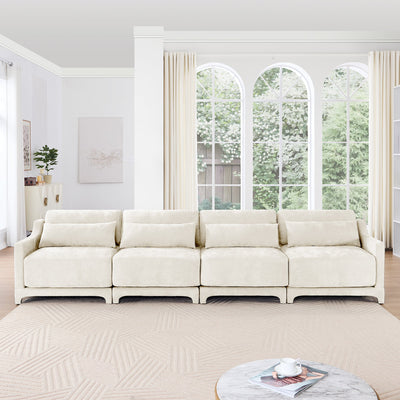 Elegant Four-Seater Chenille Sofa with Lumbar Pillow, Ergonomic Design, Solid Wood Frame, Beige