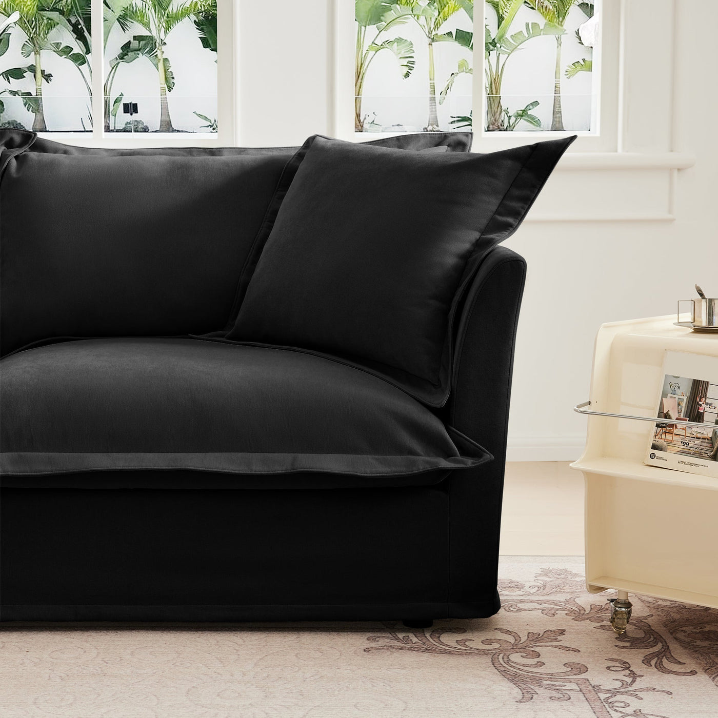 Slip-covered Armchair with 1 Big Back Cushion and 2 Big Toss Pillows, Single Deep Seat Comfy Single Couch Sofa Multiple Large Soft Pillows, Chenille Fabric, Black